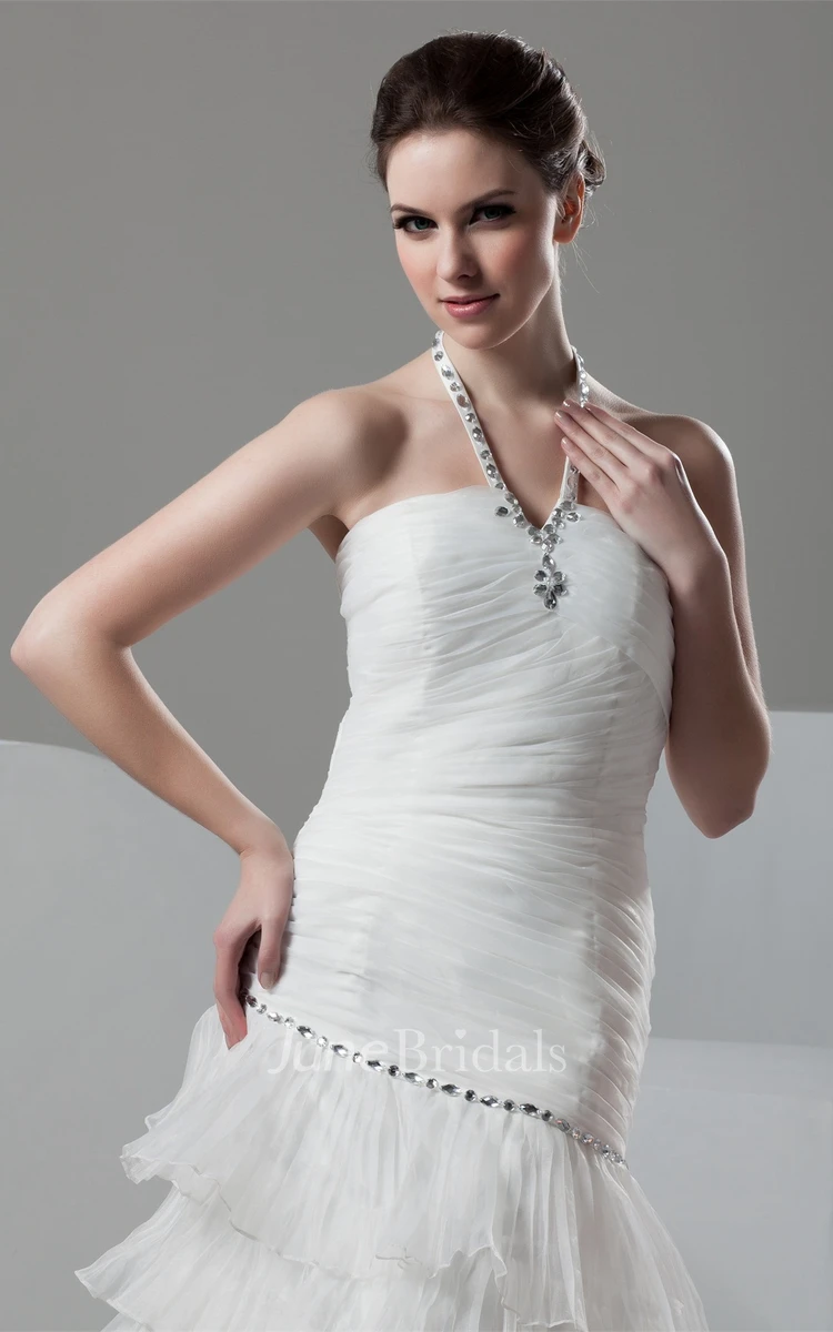 Sleeveless Ruched A-Line Dress with Beading and Tiers