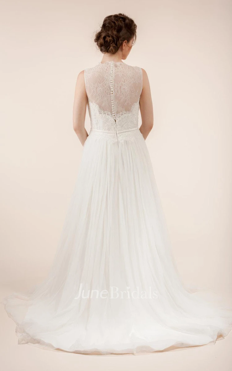 Long Sleeveless A-Line Tulle Wedding Dress With Sheer Back