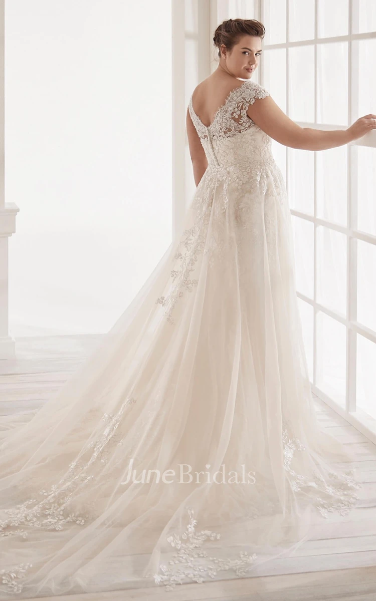 Lace Plunging V-neck Elegant Detachable Plus Size Cap Sleeve Bridal Gown