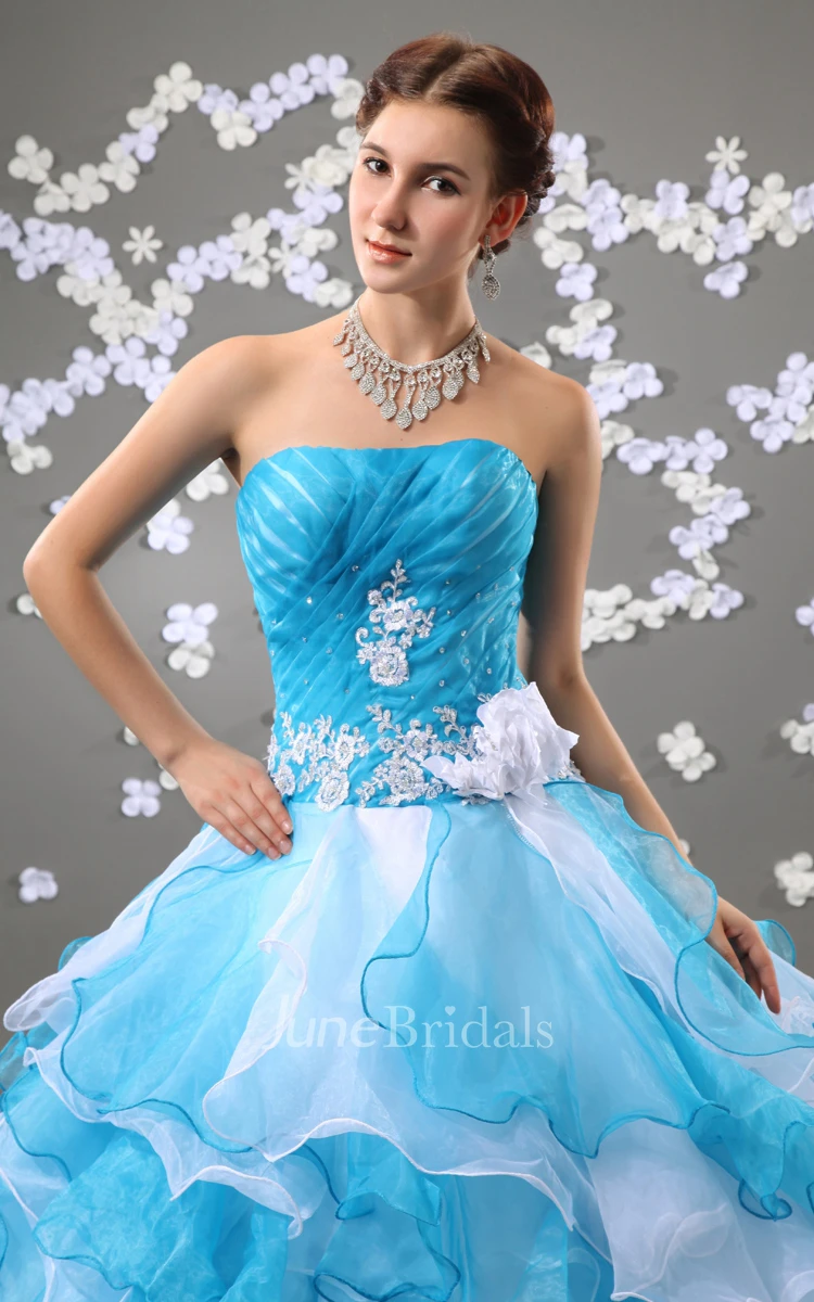 A-Line Floral Strapless Chic Ball Gown With Crystal Detailing And Ruffles