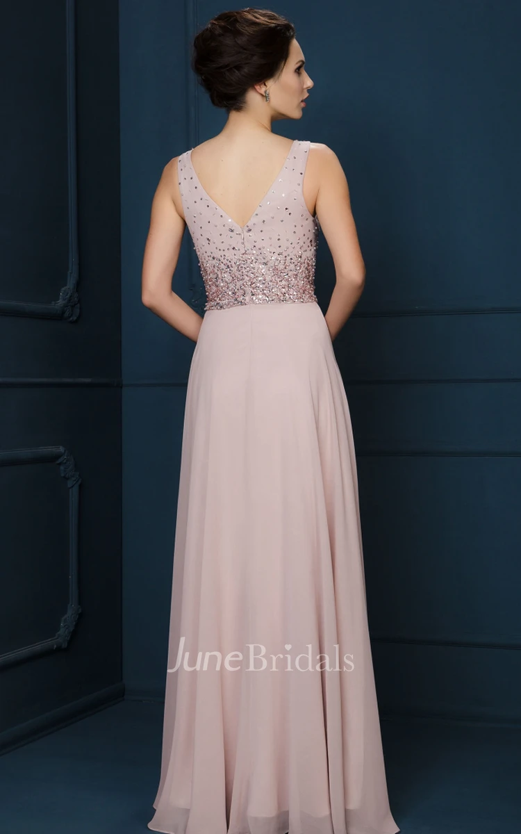 A-Line Long Beaded V-Neck Sleeveless Chiffon Evening Dress