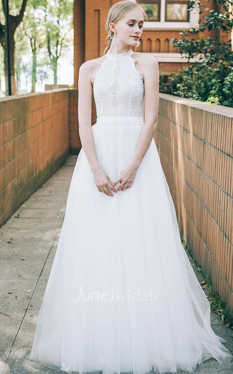 Simple Modern A Line Lace Tulle Halter Sleeveless Floor-length Wedding Dress