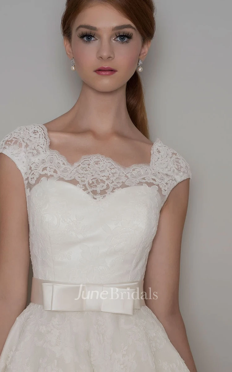 Tea-Length A-Line Cap Sleeve Square Neck Ribboned Lace Wedding Dress