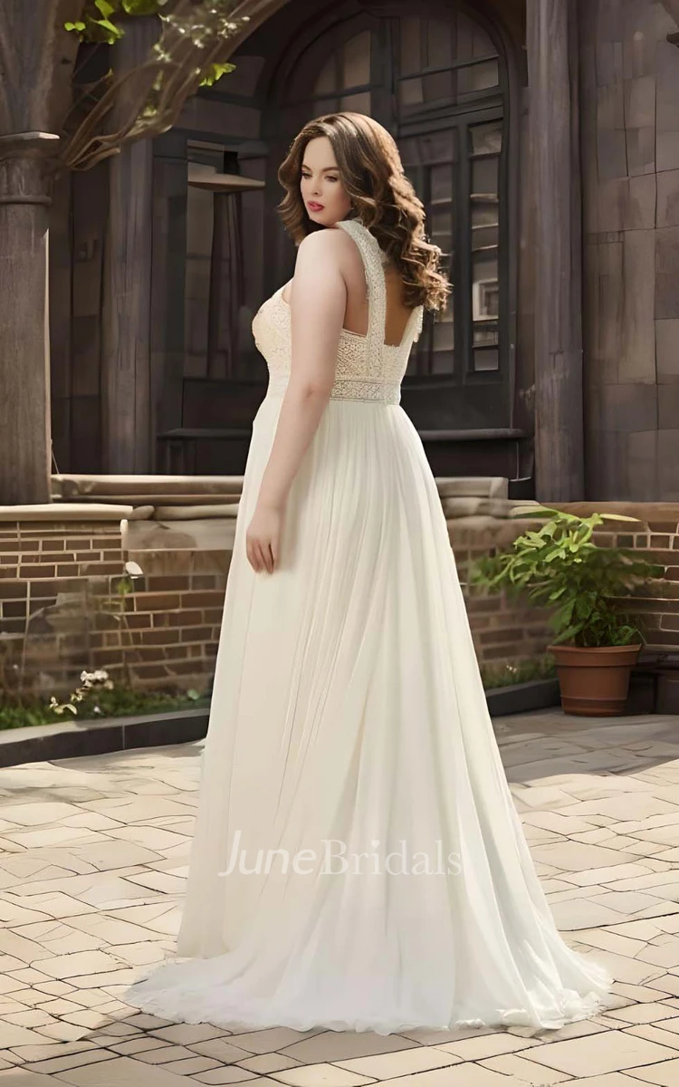 Plus Size A-Line Chiffon Lace Sleeveless Wedding Dress 2024 Simple Casual Sexy Bohemian Elegant Floor-length Sweep Train