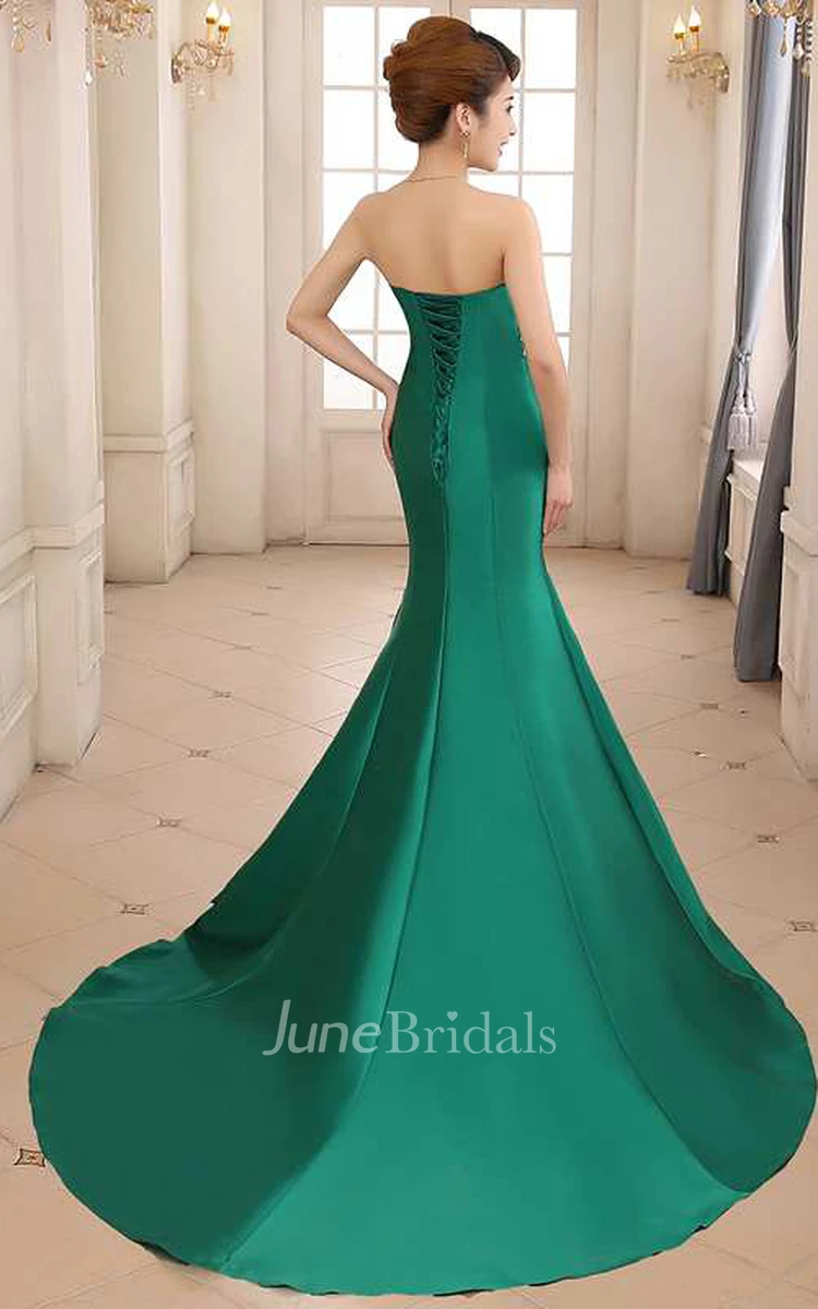 Strapless Beaded Bodice Mermaid Pleated Satin Gown 