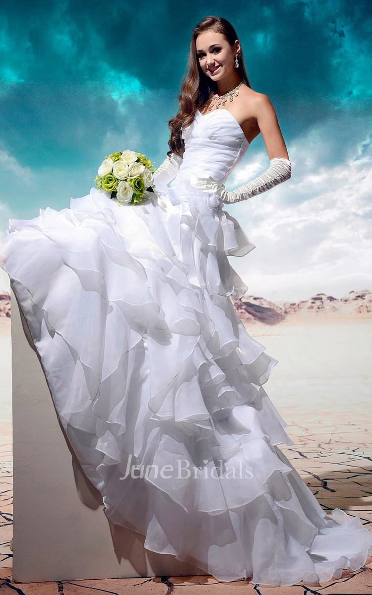 Sweetheart Criss-Cross Ruffled Gown With Tiers and Flower