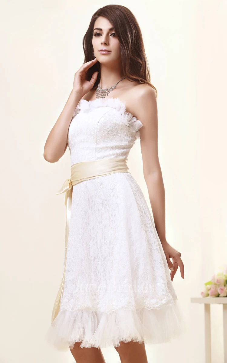 Lovely Strapless Lace Midi Dress With Ribbon