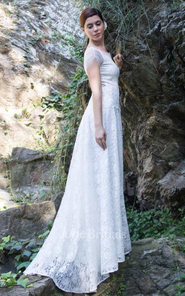 Boho Illusion V-Neck Lace Floor-Length Wedding Dress With Sweep Train