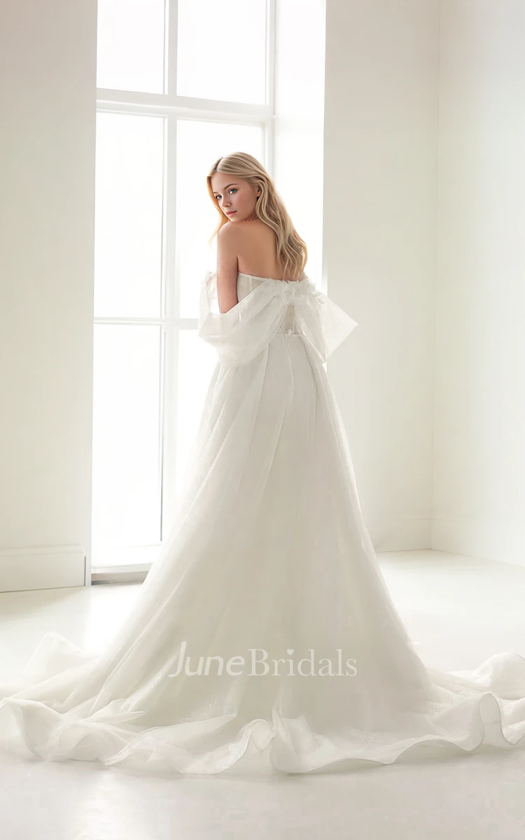 Romantic Ethereal A-Line Floral Off-the-shoulder Strapless Wedding Dress Sexy Elegant Sleeveless Floor-length Split Front Open Back Bridal Gown with Train