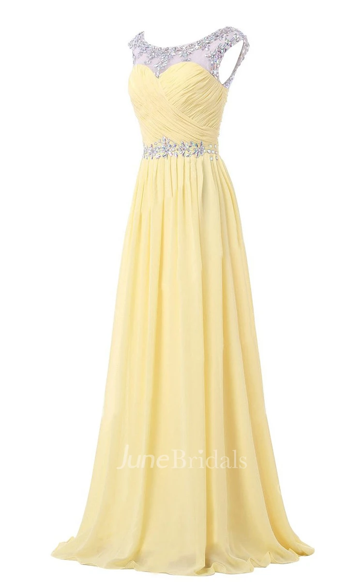 Gorgeous Cap-sleeve Scoop Crystal-beaded Chiffon A-line Dress