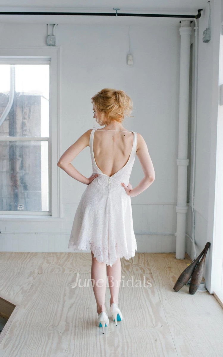 Scalloped Neck Sleeveless Backless A-Line Short Lace Wedding Dress