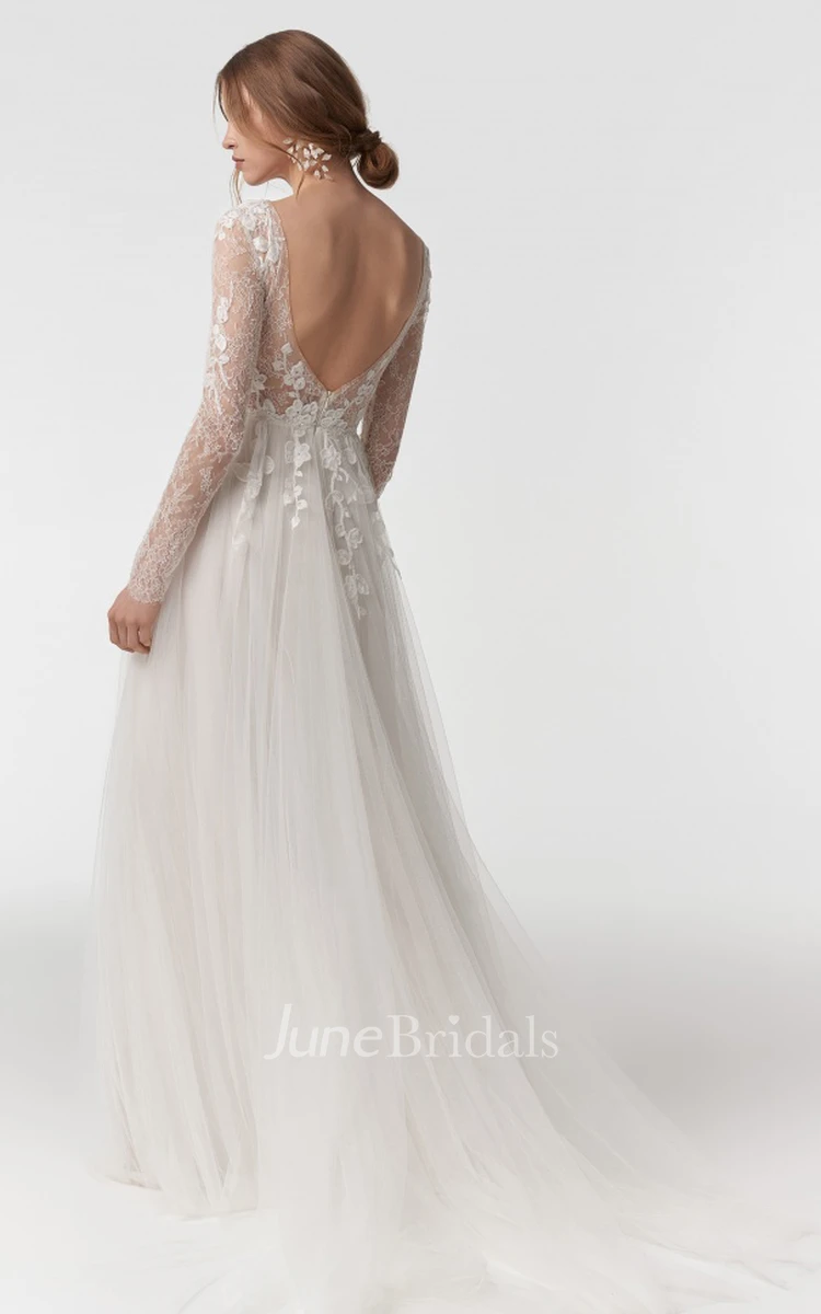 Boho Ethereal Lace Tulle V-neck Wedding Dress A Line Long Sleeve with Open Back