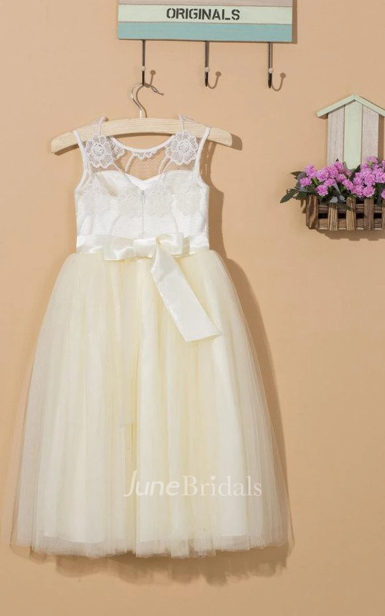 Illusion Sheer Neck Tulle&Lace Dress With Flower&Sash Ribbon