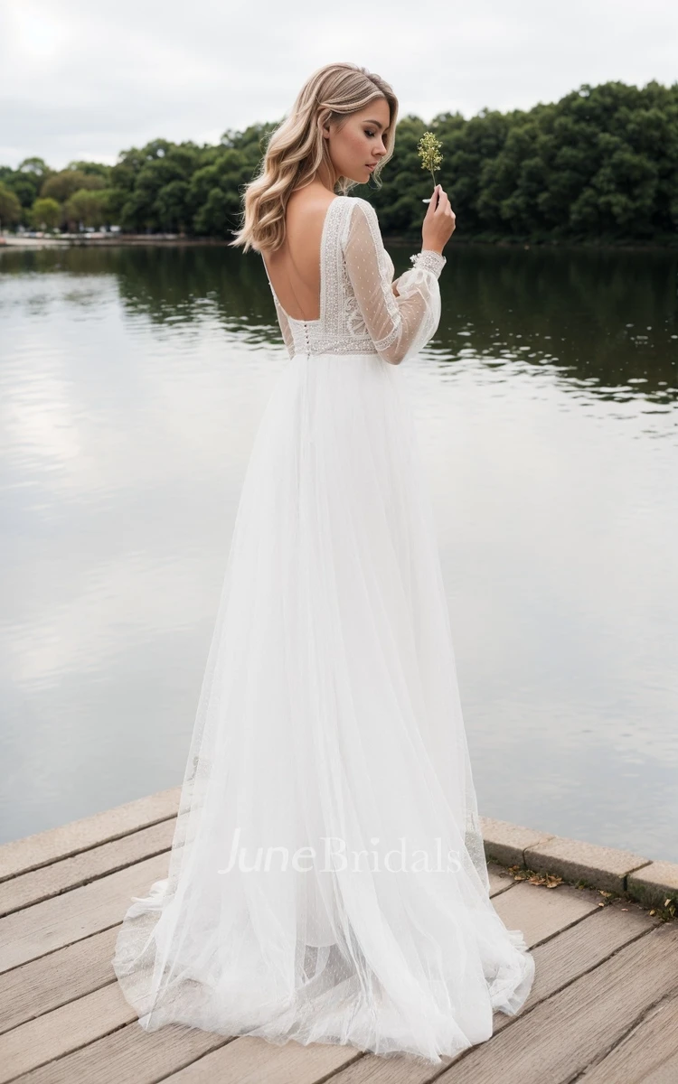 Boho Ethereal Lace Wedding Dress with Long Sleeves A-line Bateau Square Bridal Gown