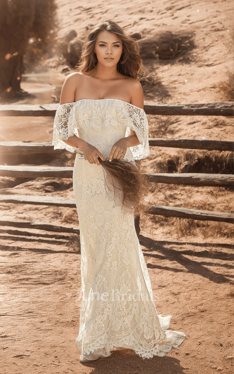 Bohemian Sheath Off-the-shoulder Lace Wedding Dress Draping Short Sleeve Open Back Bridal Gown with Train