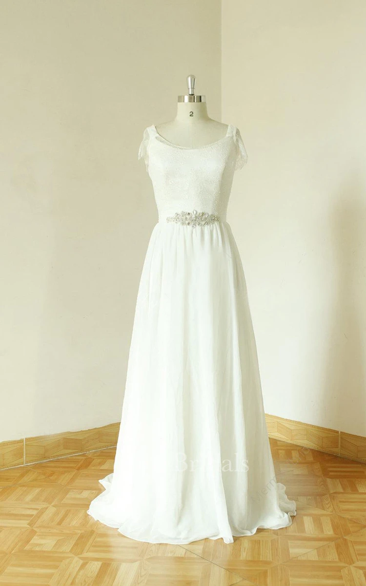 Jewel Cap Backless Long Chiffon Wedding Dress With Crystal Detailing