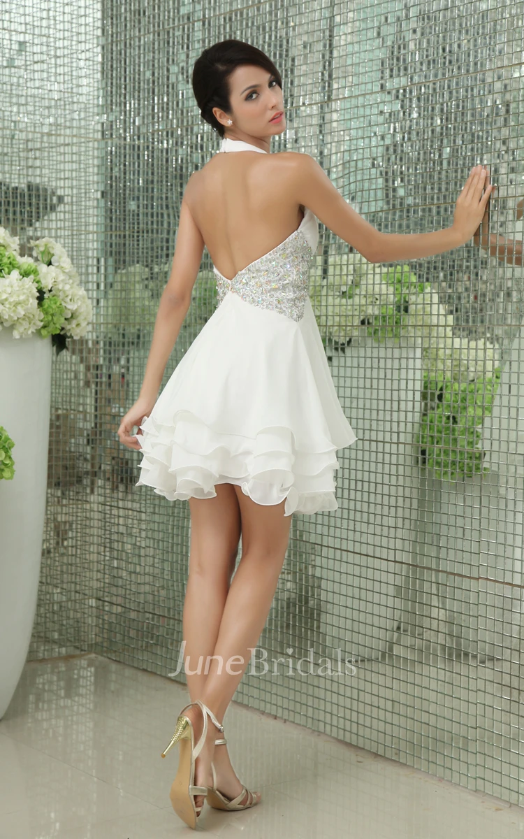 Chiffon Plunged Dress With Crystal Detailing And Ruffled Hem