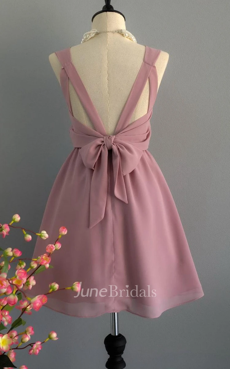 Backless Chiffon Dress With Bow&Zipper&Low-V Back