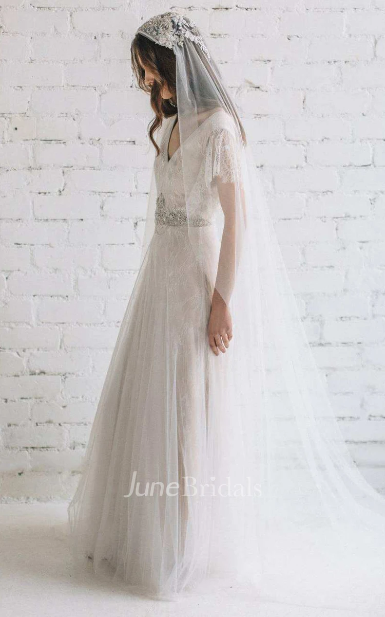 Plunged Poet-Sleeve Tulle Lace Wedding Dress With Beading