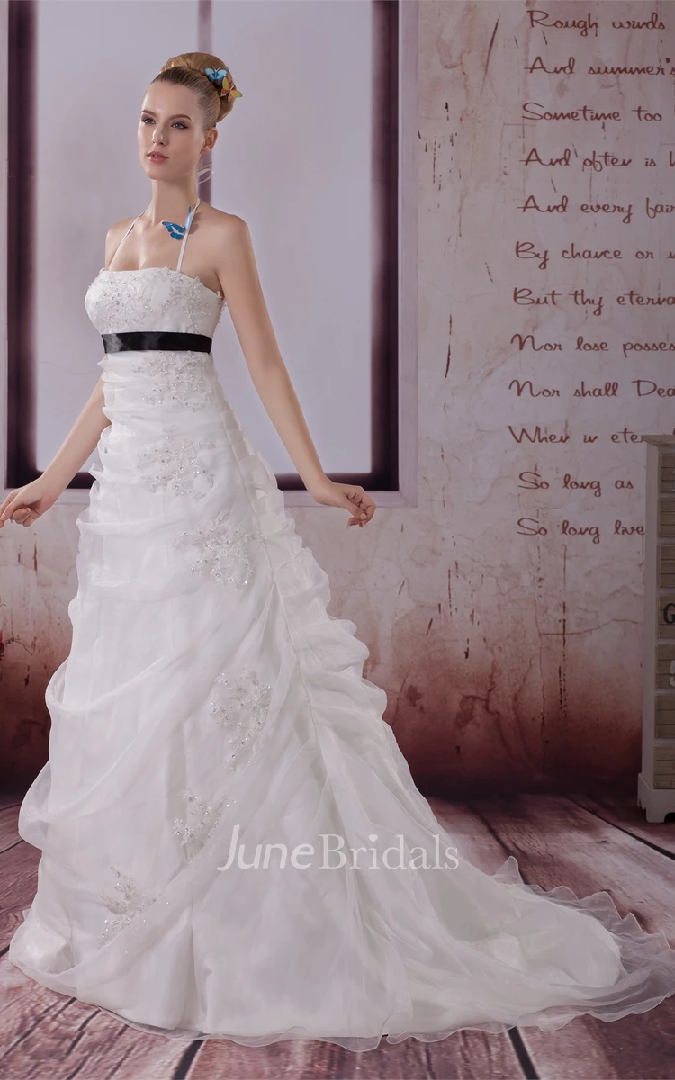 Sleeveless Ruched Ball Gown with Halter and Appliques