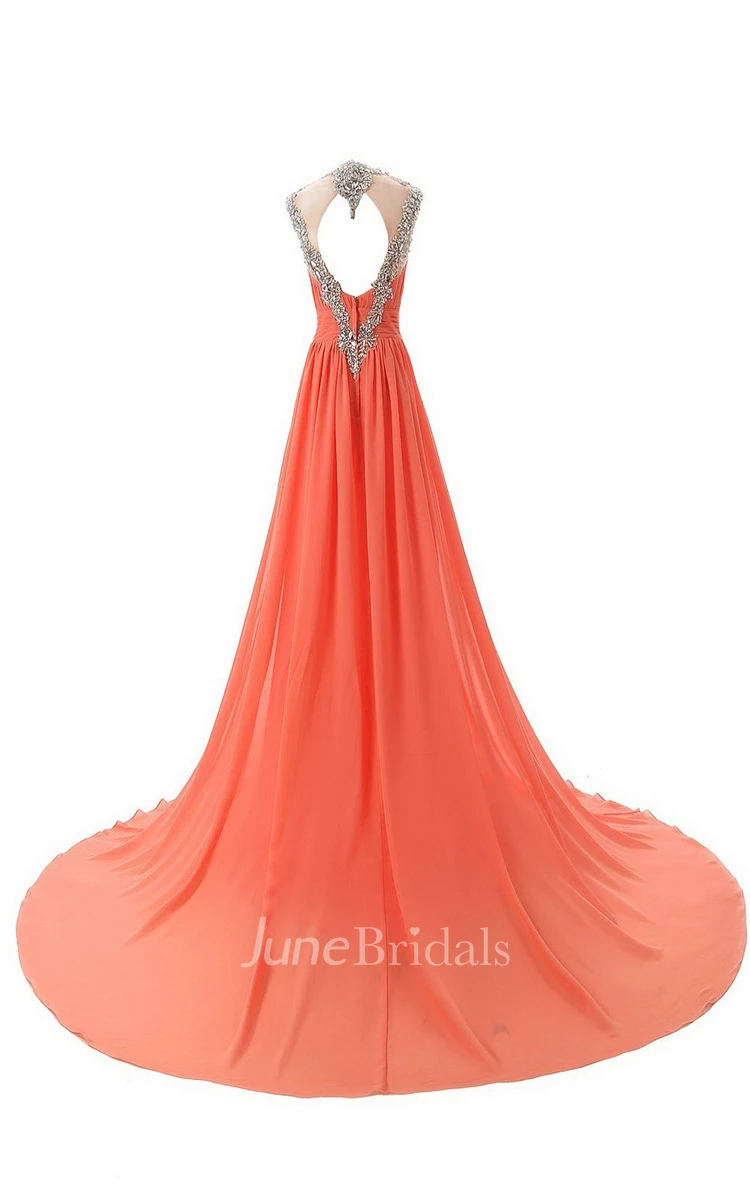 V-neck Sweep Train Chiffon Dress With Beaidngs