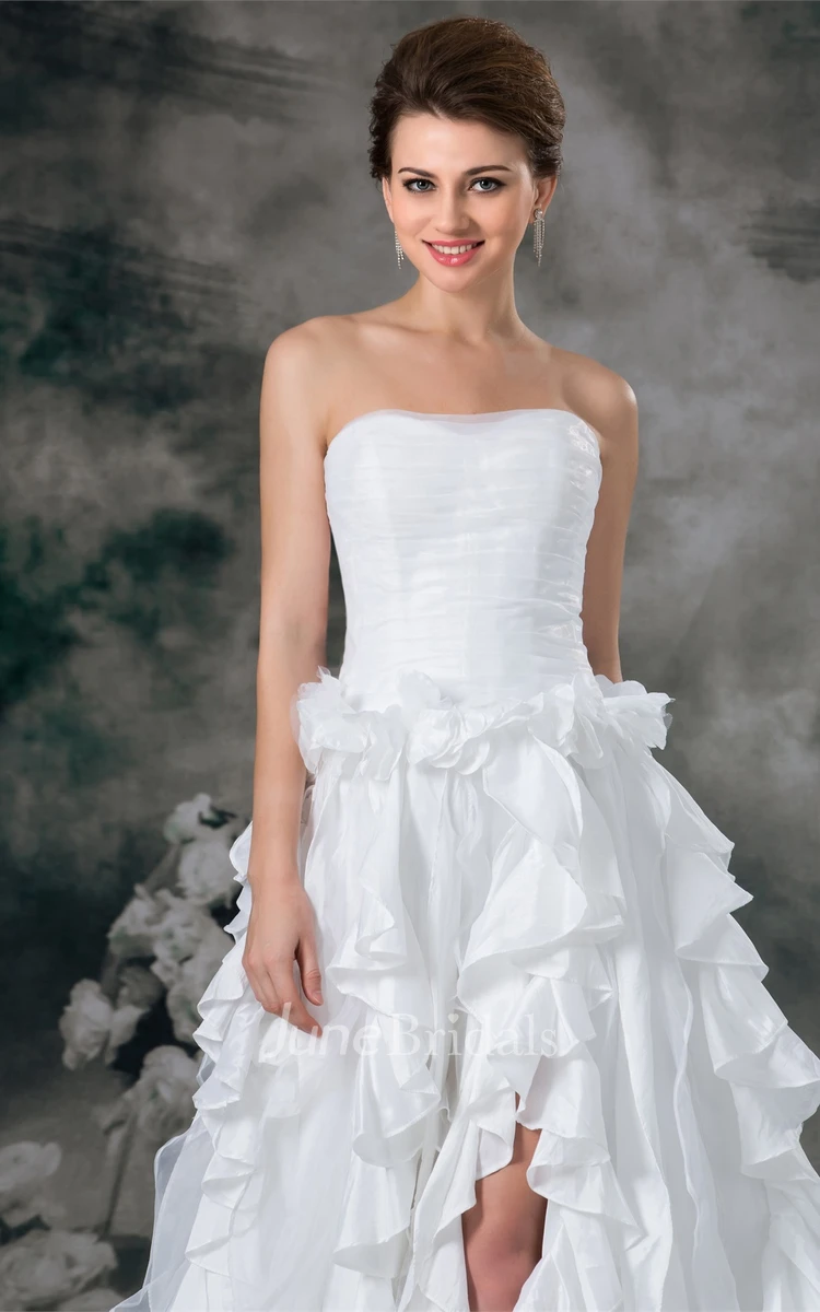 Strapless Ruffled Front-Split A-Line Dress with Ruched Bodice