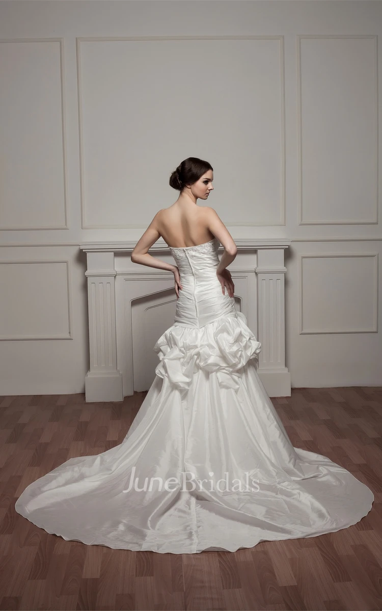 Strapless Ruched Pick-Up Gown with Pleats and Beading