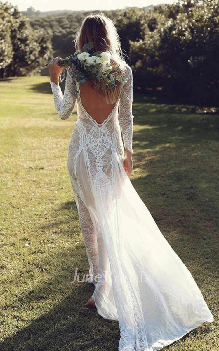 Country Cowgirl Long Sleeve Boho Rustic Wedding Dress Vintage Sheath Bateau Neck Backless Lace Gown