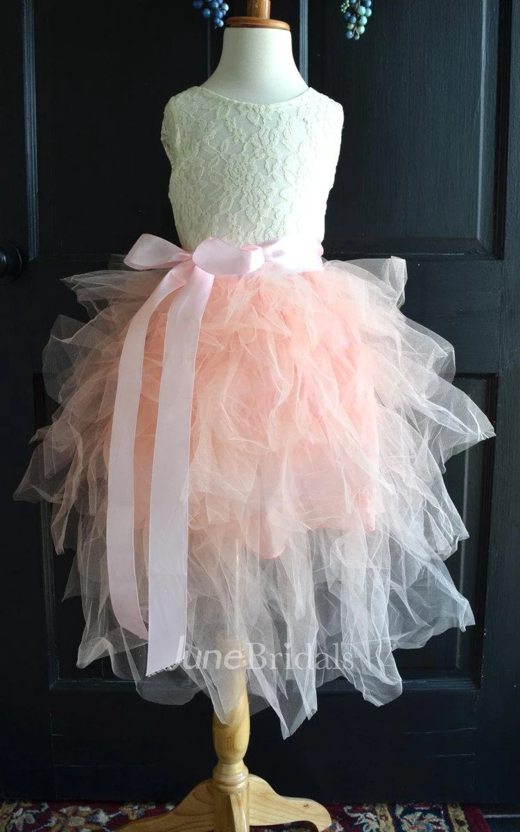 Sleeveless Jewel Neck Lace Top Tiered Tulle Skirt Dress