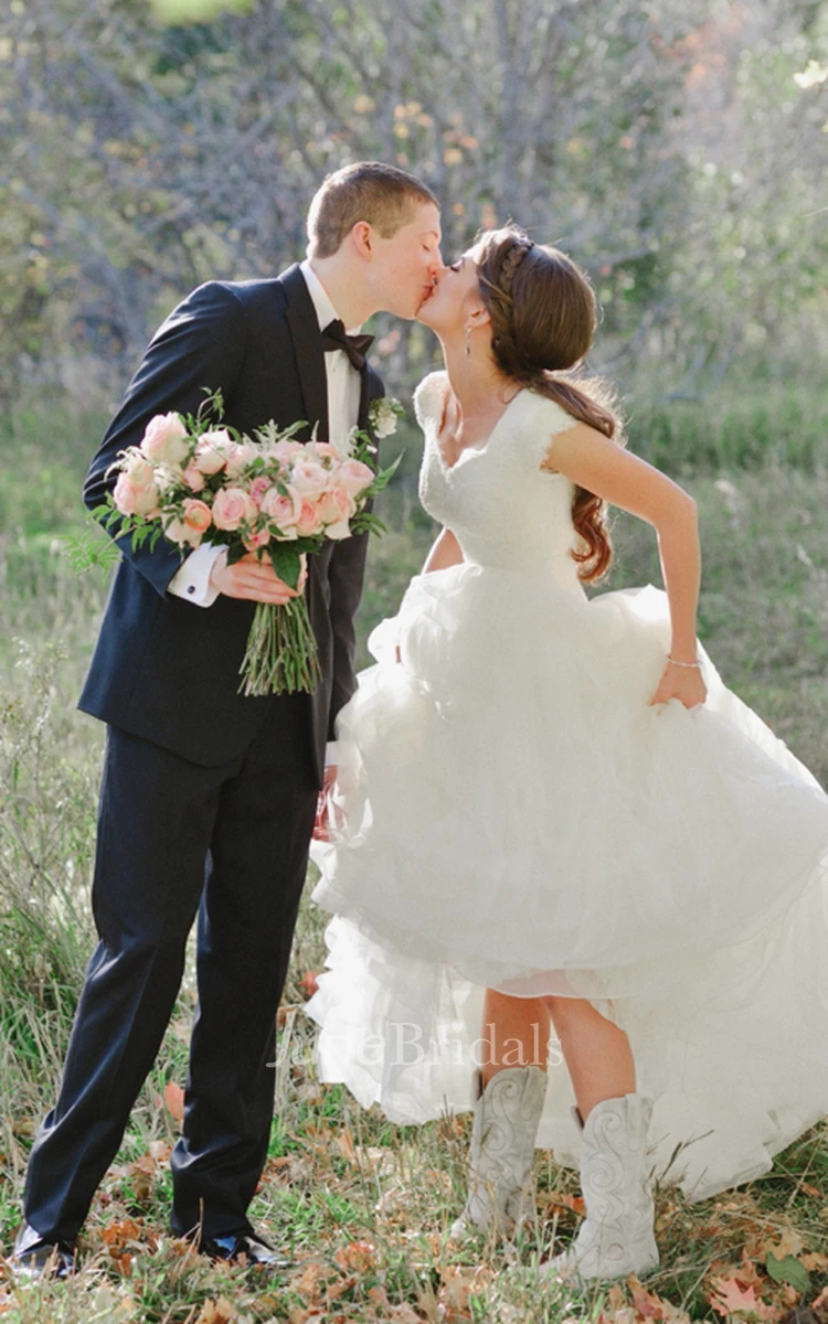 Cowboy Boots V-neck Ruffles Tiered Skirt A-line Lace Organza Wedding Dress with Cap Sleeves