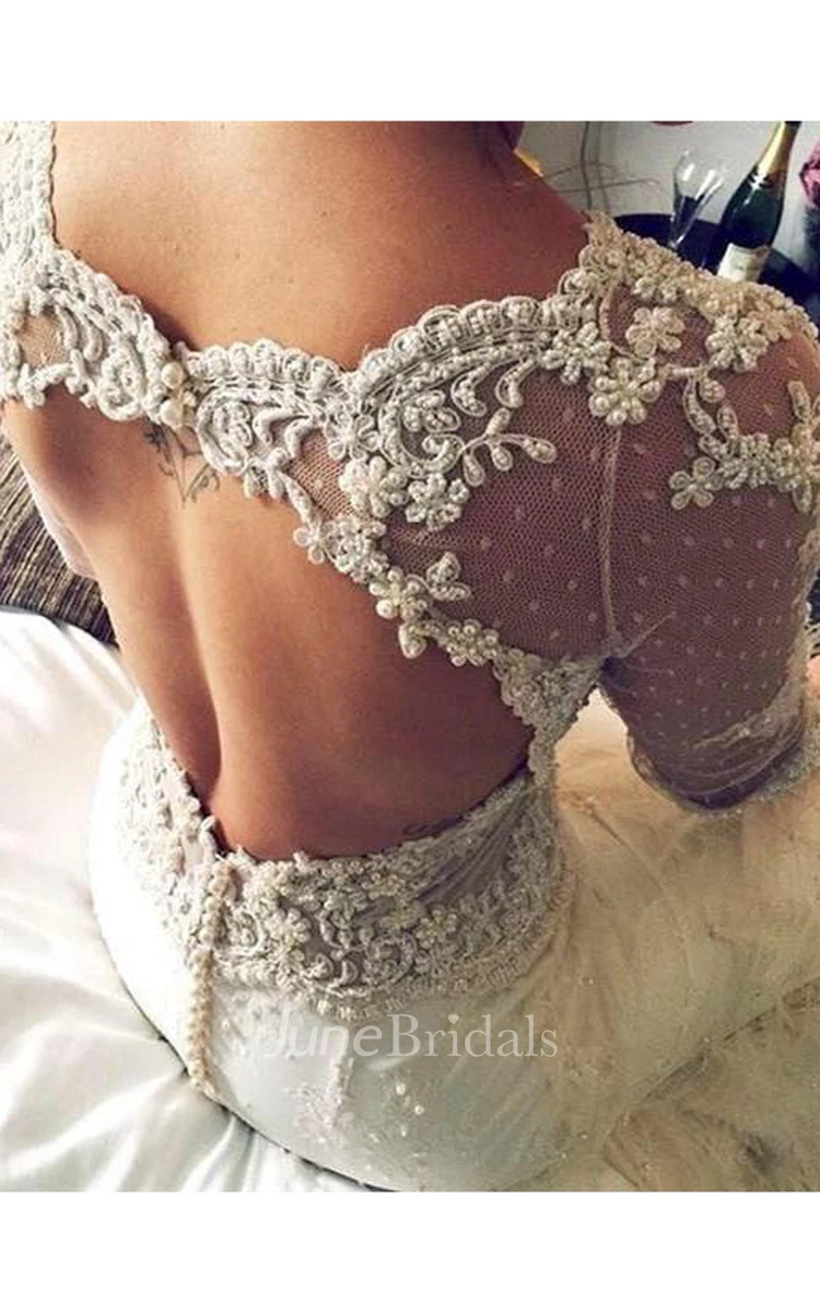 Gorgeous 3 4 Sleeve Fill Lace Wedding Dress Mermaid With Feather
