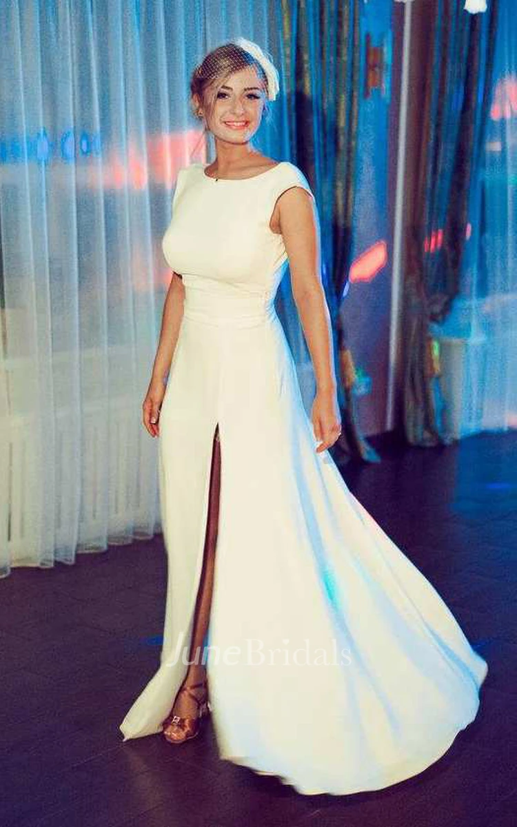 Scoop-Neck Short Sleeve Split Front Long Wedding Dress