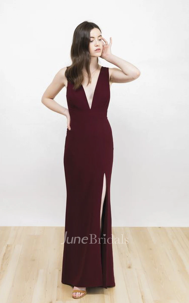 Sexy Plunging Neckline And Deep V-back Sleeveless Burgundy Dress With Front Split