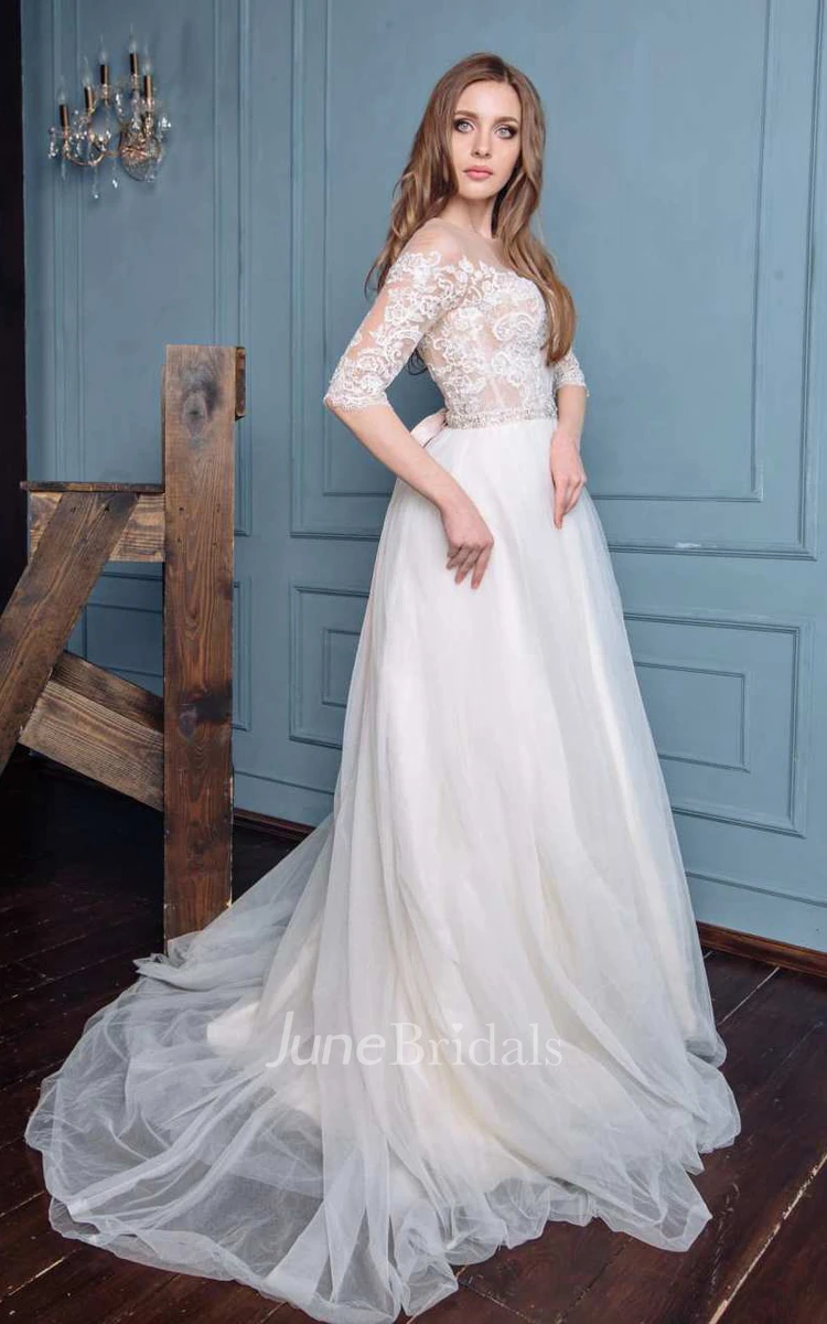 Illusion Bateau Long Sleeve Tulle A-Line Wedding Dress With Ribbon And Beaded Waist