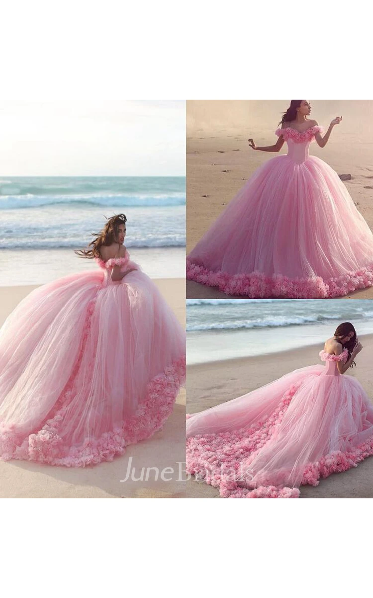 Fairy Pink Off-the-Shoulder Wedding Dress Tulle Ball Gown With Train