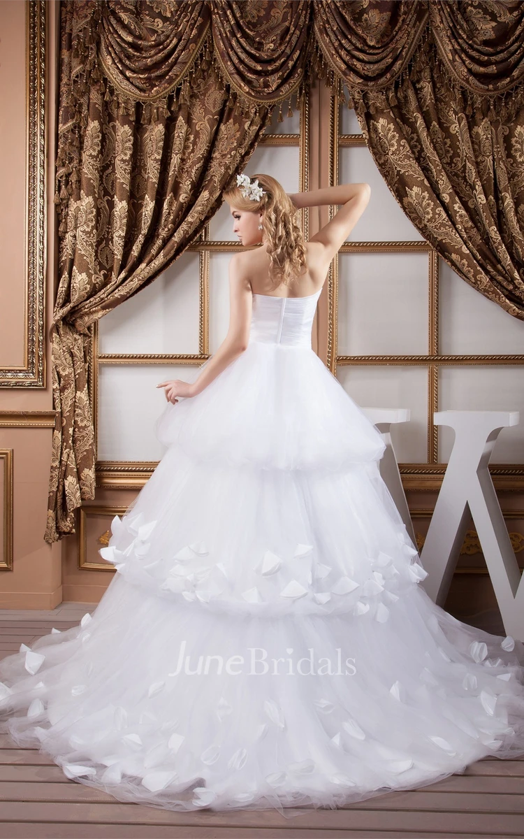 Strapless Tulle Ball Gown with Tiers and Flower