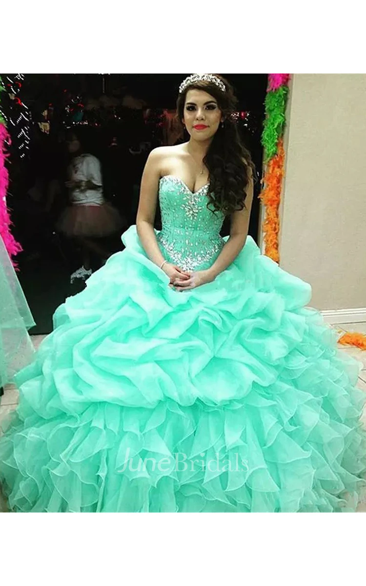 Ball Gown Sweetheart Sleeveless Floor-length Organza Prom Dress with Beading and Tiers
