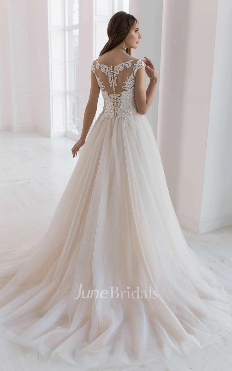 A-Line Tulle Cap-Sleeve Illusion Wedding Dress With Appliques