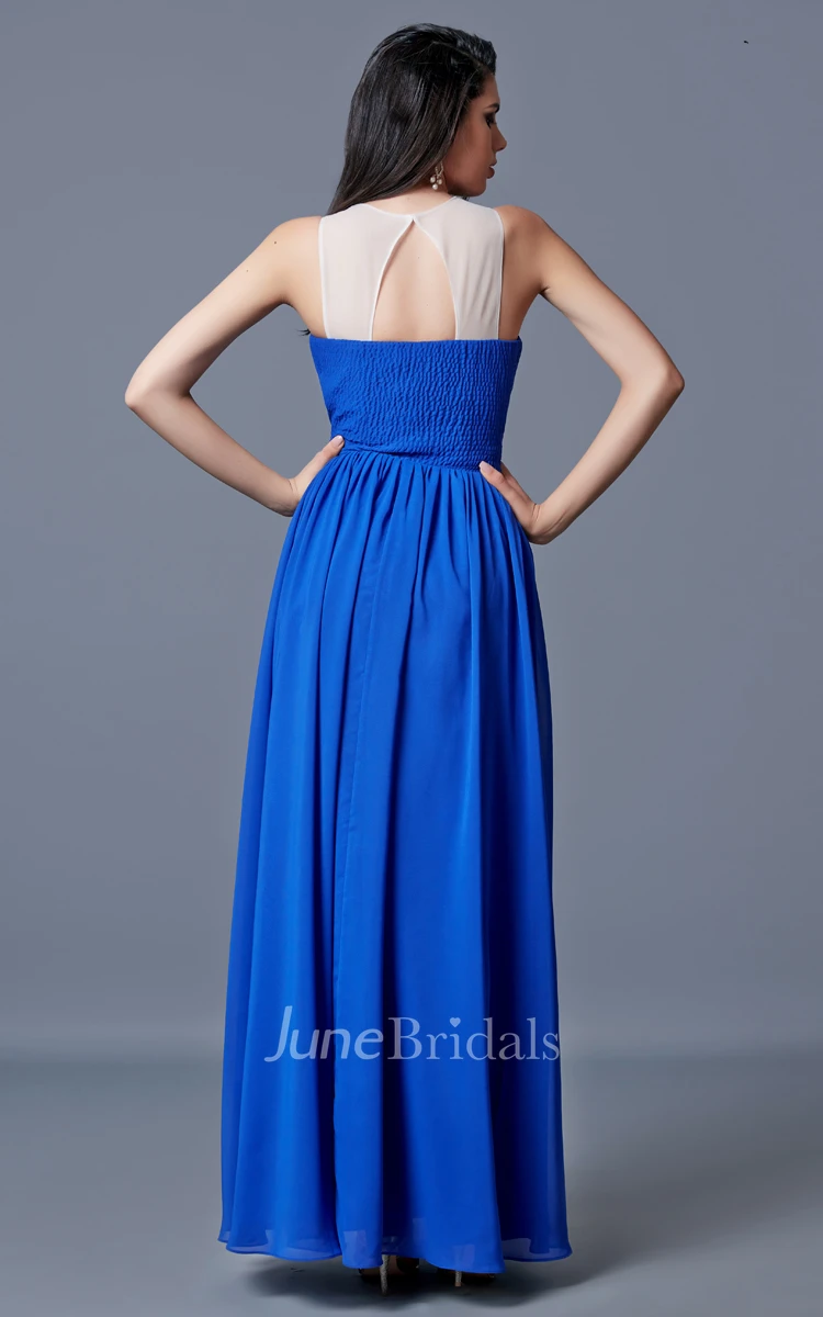 Jewel Neckline Ruched A-line Long Chiffon Dress With Pleats