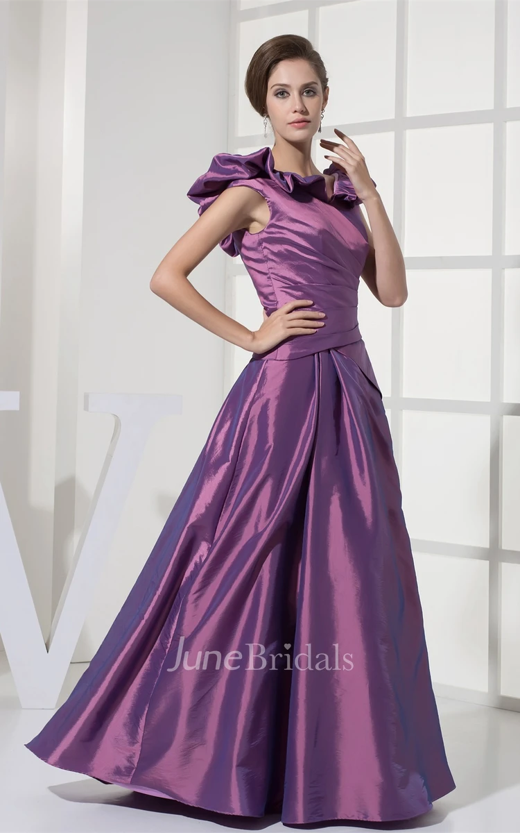 Satin A-Line Draped Gown with Ruffled V Neckline