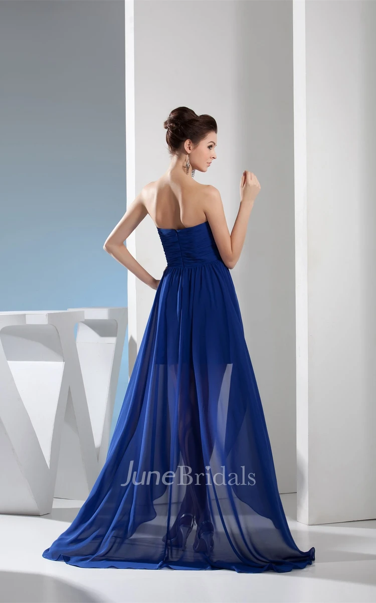 Sweetheart High-Low Ruched Gown with Pleats and Sash Bow