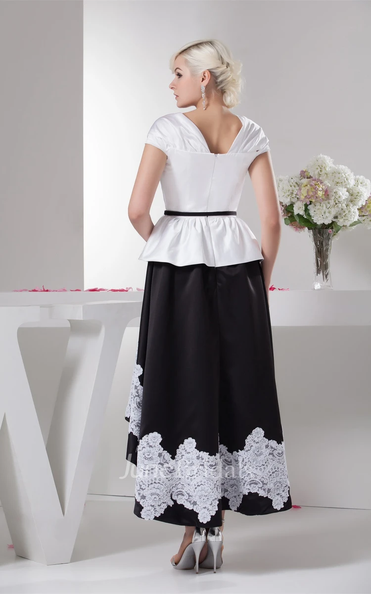 Black-And-White Caped-Sleeve High-Low Dress with Appliques