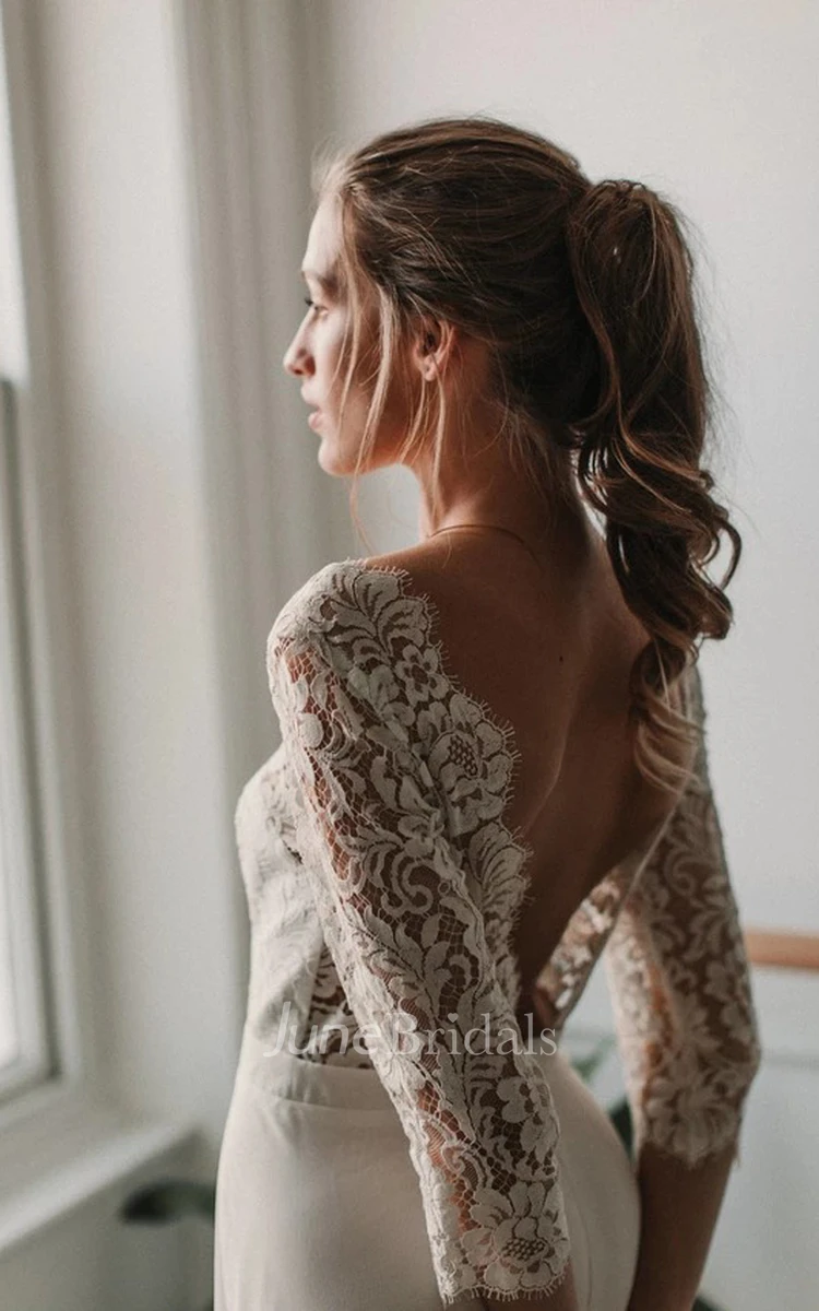 Elegant Lace and ChiffonV-neck Deep-V Back Wedding Dress with Ruching