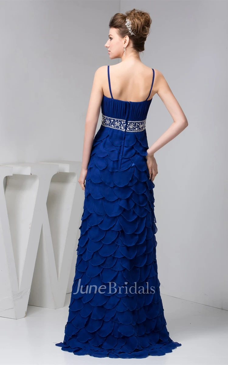 Plunged Spaghetti-Strap Floor-Length Dress with Layers and Beaded Waist
