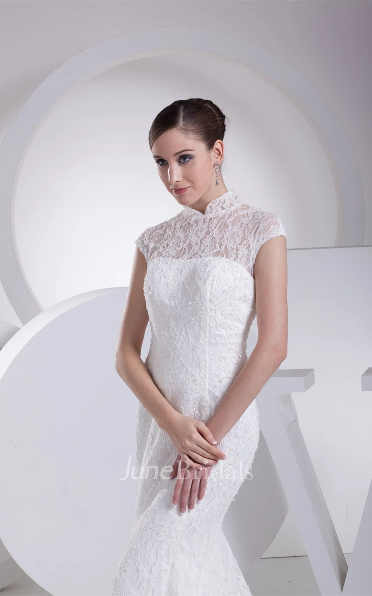 Lace Mermaid Pleated Dress with Illusion Neckline and Brush Train