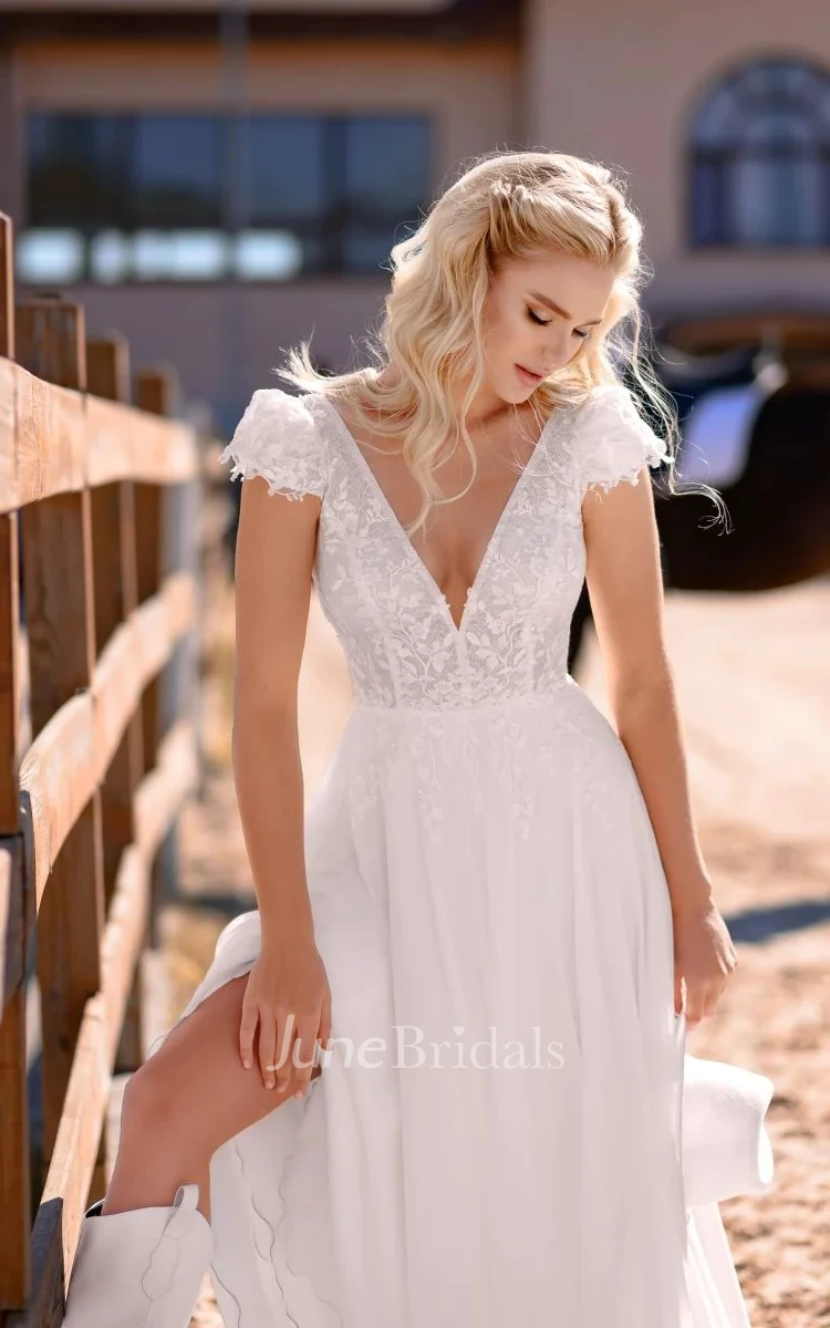 A-Line Sexy Front and Back Deep V-Neck Chiffon Adorable Floor Length Wedding Dress With Applique