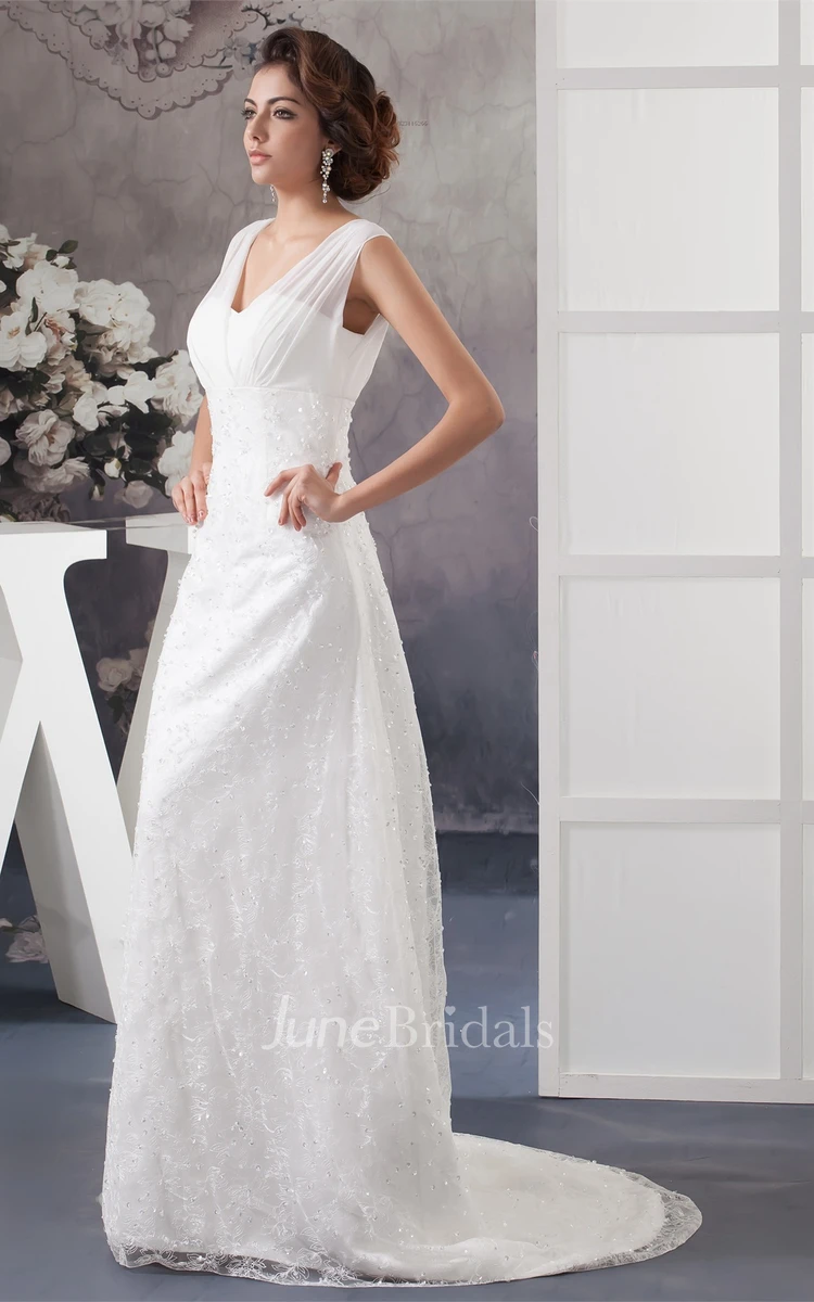 Strapped Appliqued Sheath Gown with Brush Train