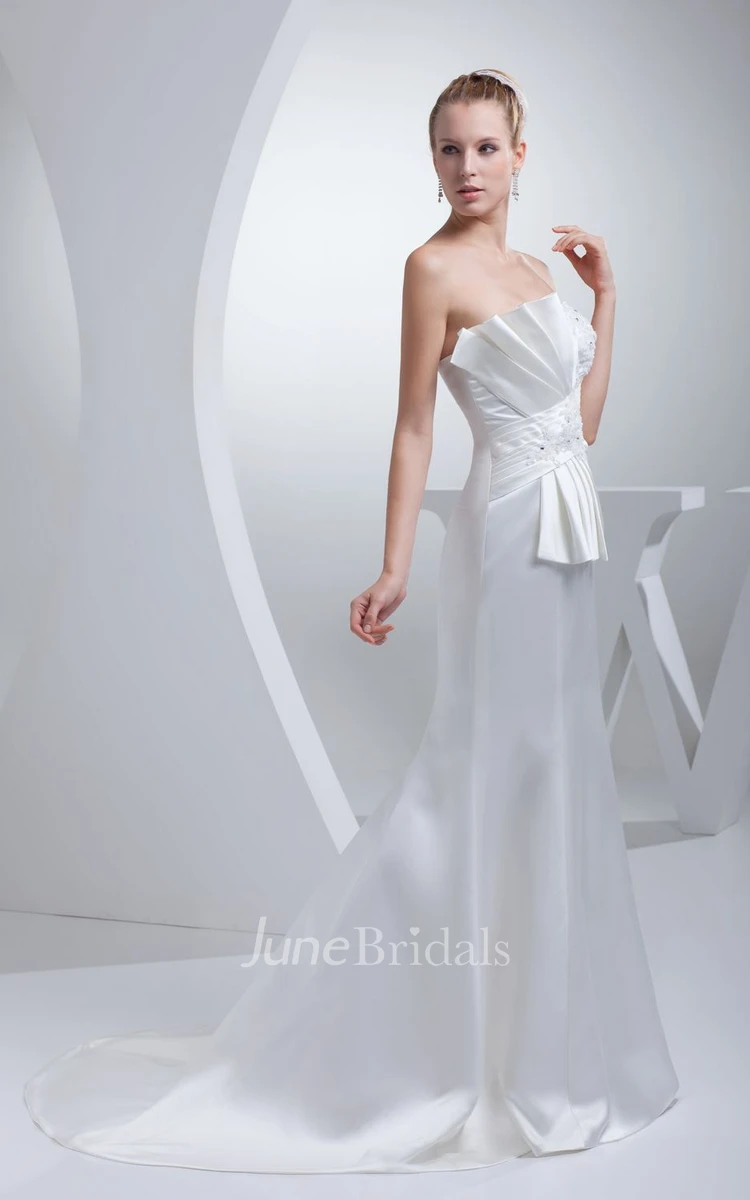 Satin Strapless Sheath Beaded Dress With Bow and Trumpet Silhouette