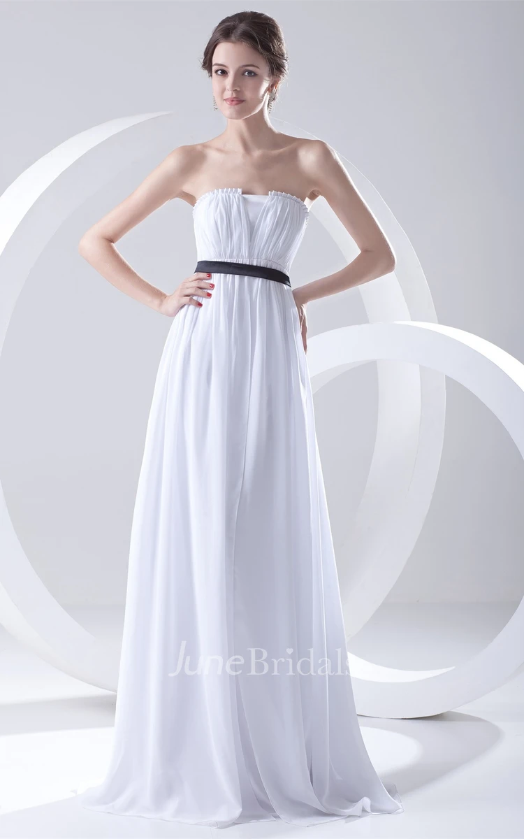 chiffon maxi pleated dress with brush train and empire waist