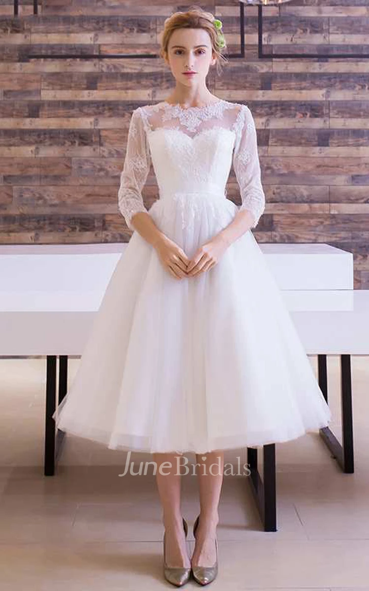 1950S Vintage Boho Lace Long Sleeve Wedding Dress Simple Modest Tea Length Jewel Neck Pleated Bridal Gown